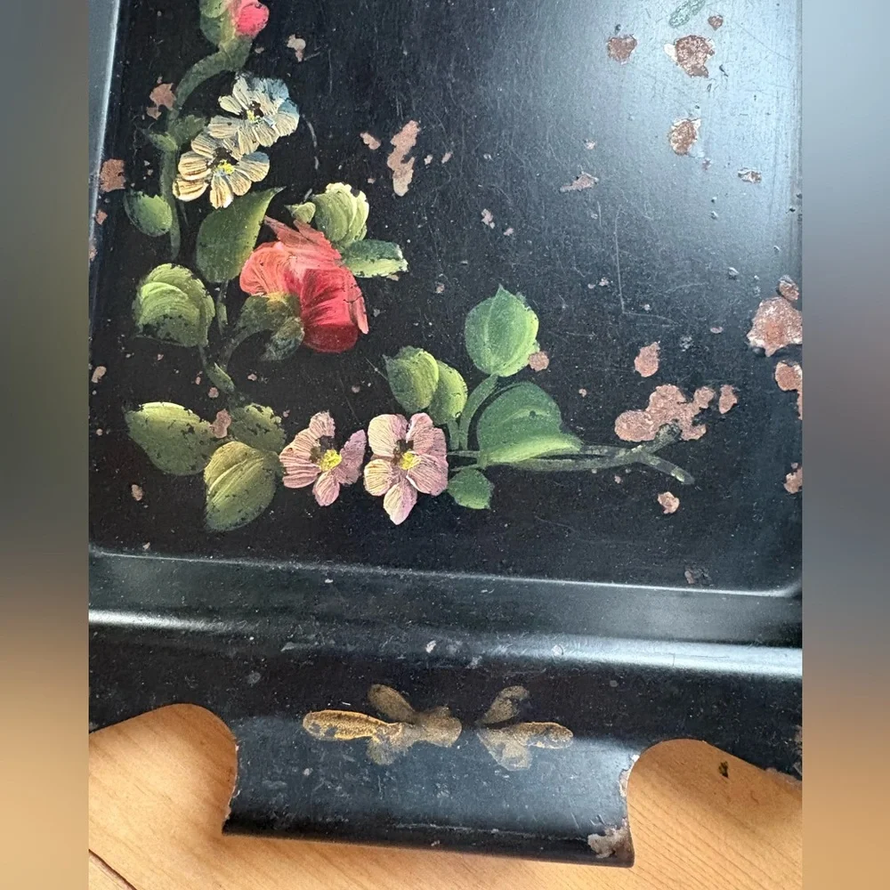 Vintage Toleware Hand Painted Red Rose Floral Black Decorative Tray